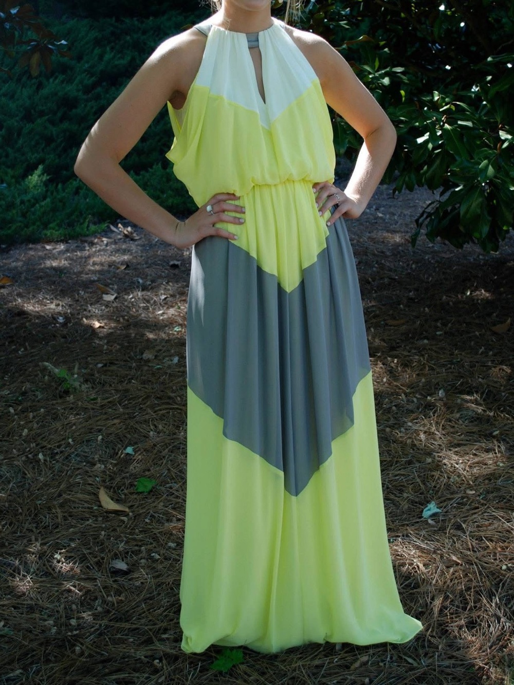 Vince Camuto Neon Yellow, Gray & White Halter Colorblock Maxi Dress
